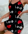 Love Desenli Siyah Saten Gecelik