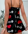 Love Desenli Siyah Saten Gecelik