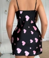 Pembe Kalp Desenli Siyah Saten Gecelik