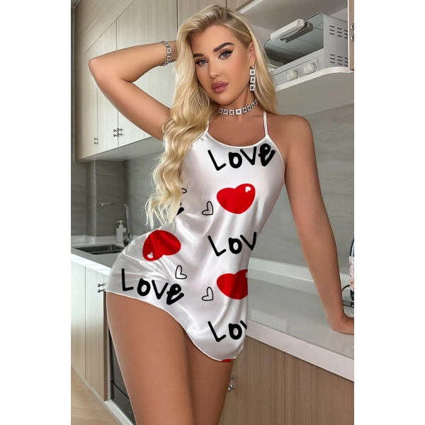 Love Desenli Beyaz Saten Gecelik