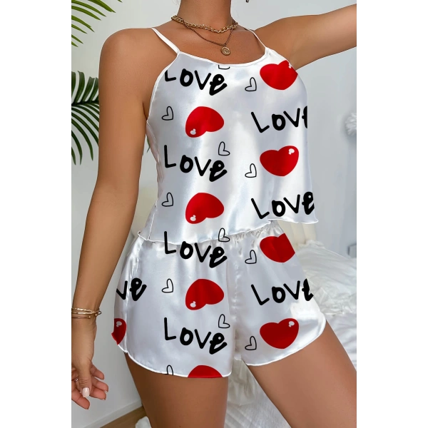 Love Desenli Beyaz Saten Şortlu Gecelik Takım