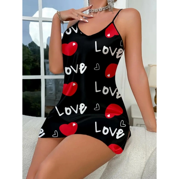 Love Desenli Siyah Saten Gecelik