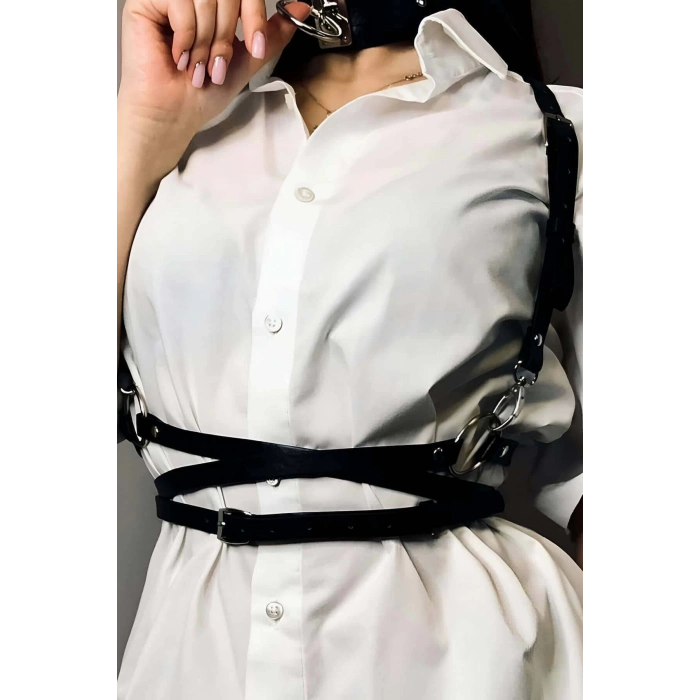 Belden Ayarlı Bağlamalı Deri Korse Kemer Ve Choker Tasma Takım - APFT644