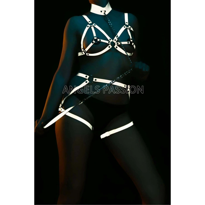 Beyaz Reflektörlü Tasmalı Seksi Harness Takım - APFT311