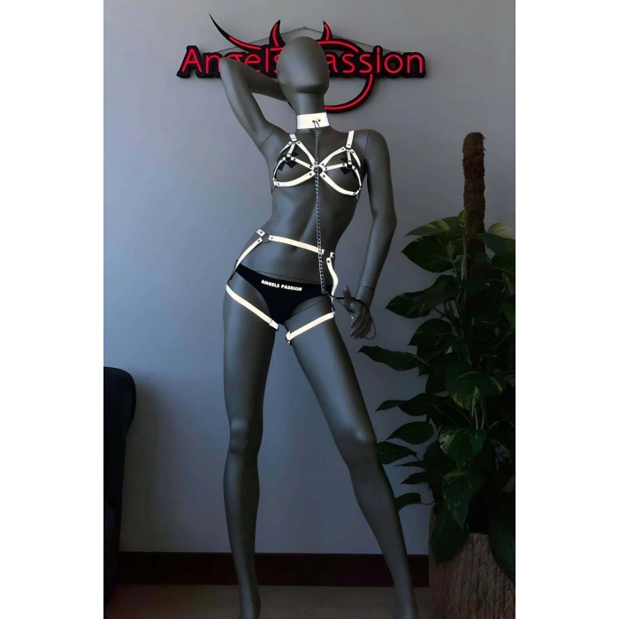 Beyaz Reflektörlü Tasmalı Seksi Harness Takım - APFT311