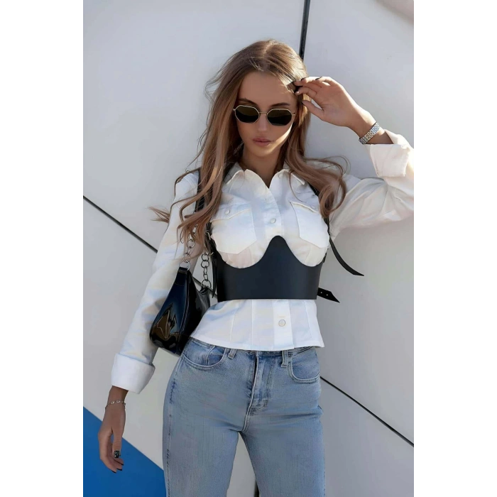 Boyundan Ayarlanabilir Göğüs Detaylı Askılı Deri Korse Bel Kemeri - APFT614