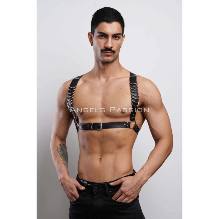 D Halka Detaylı Şık Erkek Göğüs Harness, Erkek Deri T-Shirt Aksesuar - APFTM92