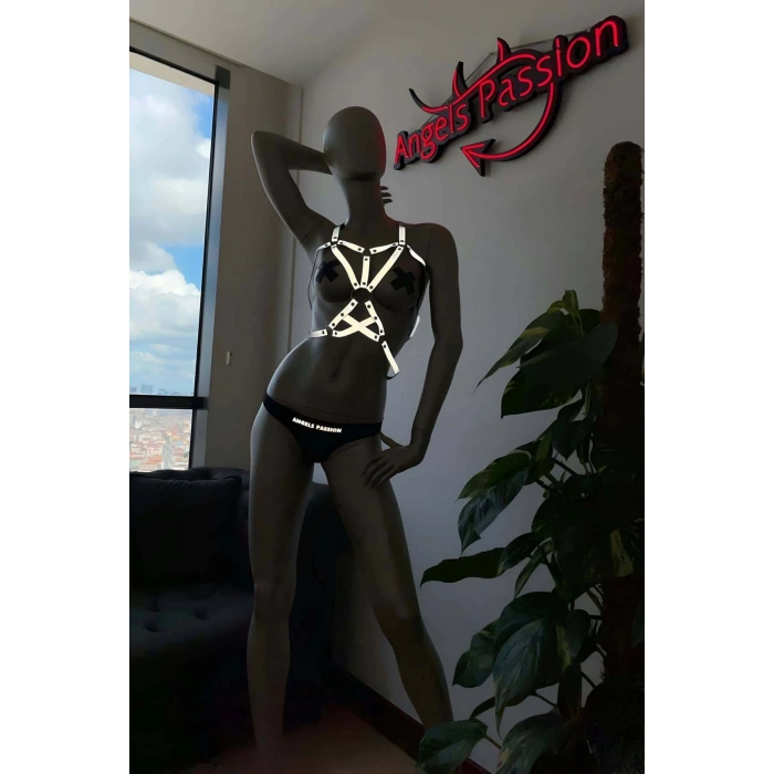 Dansçı Kostümleri Beyaz Reflektörlü Seksi Göğüs Harness - APFT107