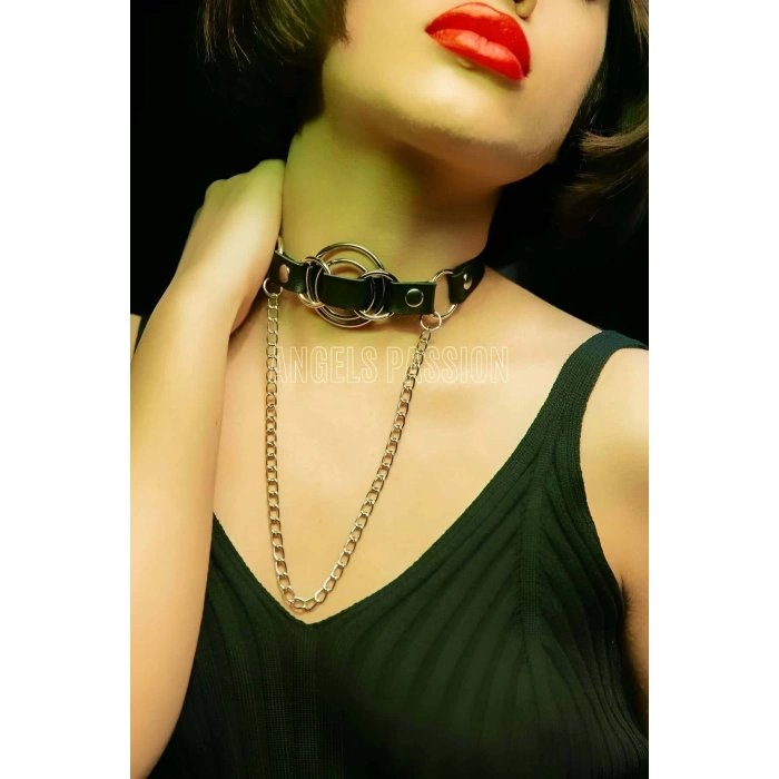 Deri Choker, Deri Tasma, Zincirli Deri Kolye, Halkalı Deri Kolye - APFT588