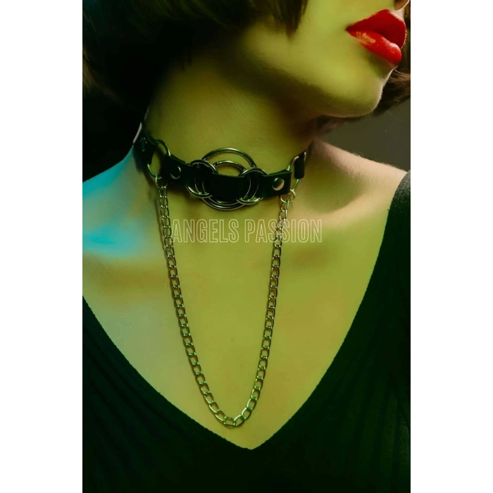 Deri Choker, Deri Tasma, Zincirli Deri Kolye, Halkalı Deri Kolye - APFT588