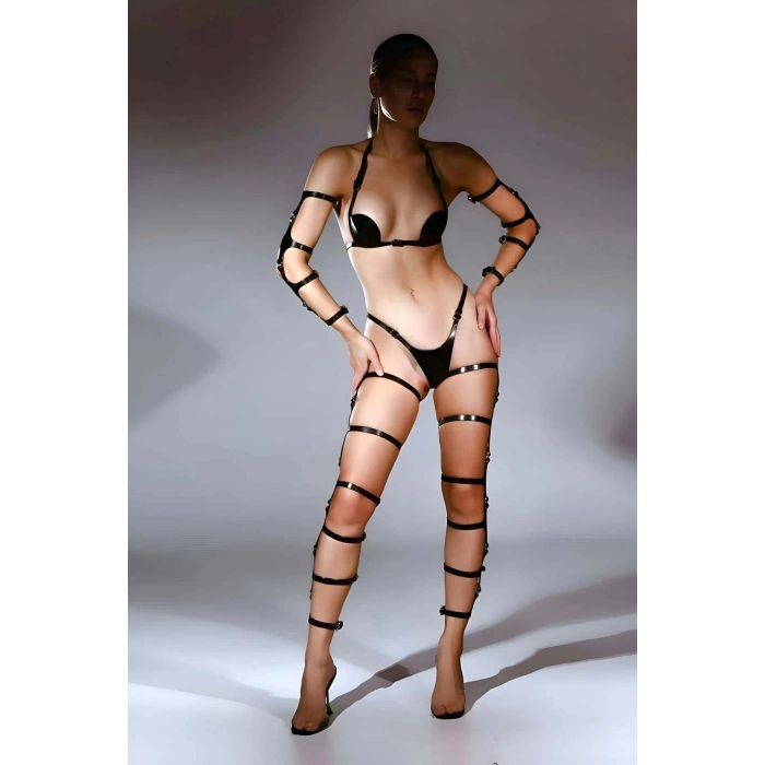 Deri Fantazi Sütyen Tanga Kol Ve Bacak Aksesuarlı Harness Takım - APFT1100
