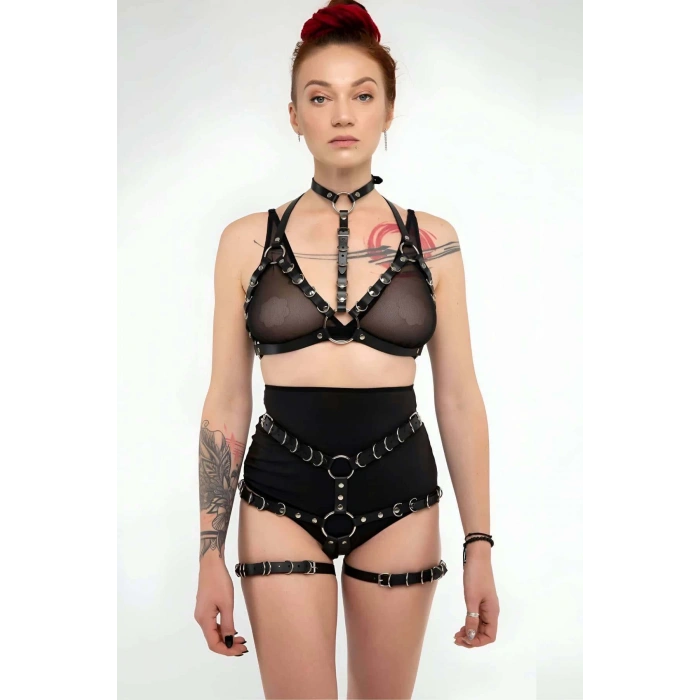 Deri Fantezi Giyim, Seksi Deri İç Giyim, Şık Deri Harness Takım - APFT874