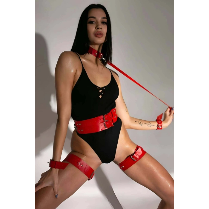 Deri Fantezi Set, Sert ve Şık Deri Kelepçeli Harness Takım - APFT869