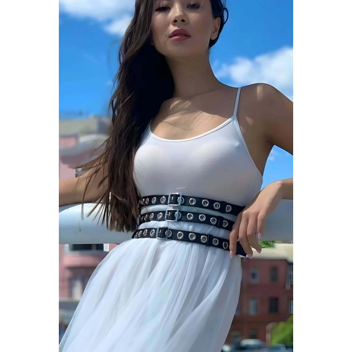 Elbise Üzeri Üçlü İnce Şerit Ayarlanabilir Şık Deri Bel Korse Kemer - APFT641