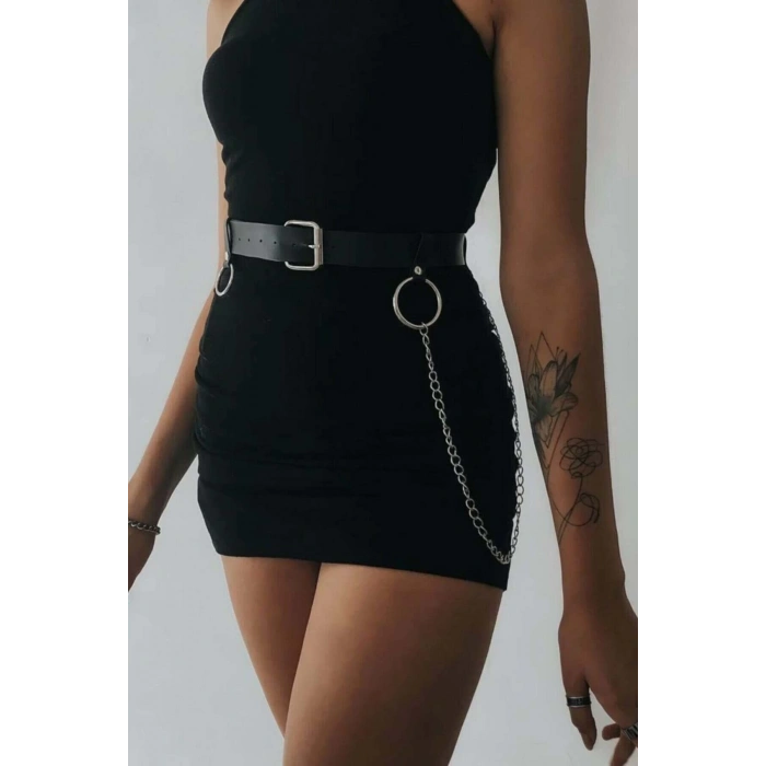 Elbise Üzeri Zincirli Deri Şık Kemer Aksesuar Harness - APFT656