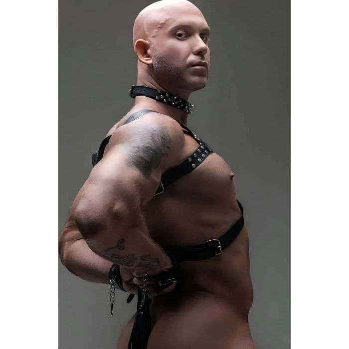 Erkek Fantazi Giyim, Deri Erkek Harness Takım, Çivili Choker, Kırbaç - APFTM102