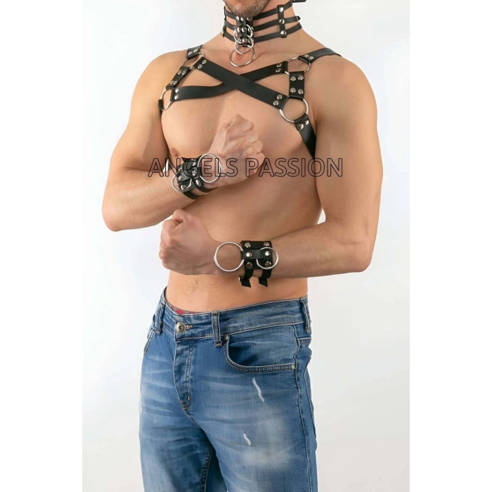 Erkek Fantazi Giyim Harness Tasma ve Bileklik Takım - APFTM55