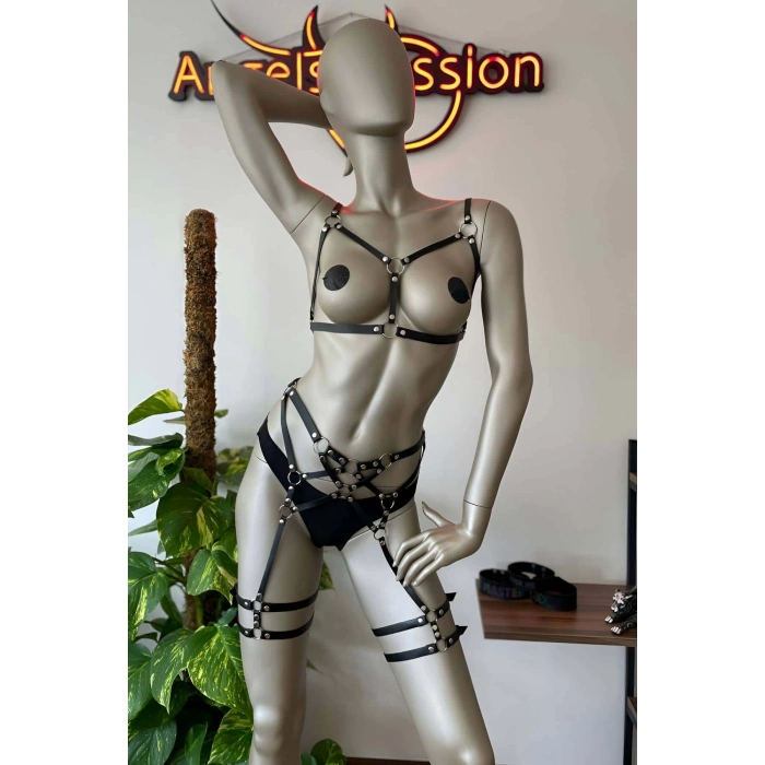 Erotik Deri Giyim Fantezi Harness Jartiyer Takım