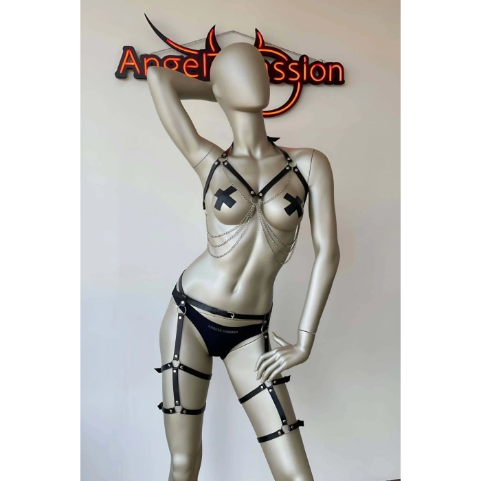 Erotik Giyim Zincirli Büstiyer Jartiyer Takım