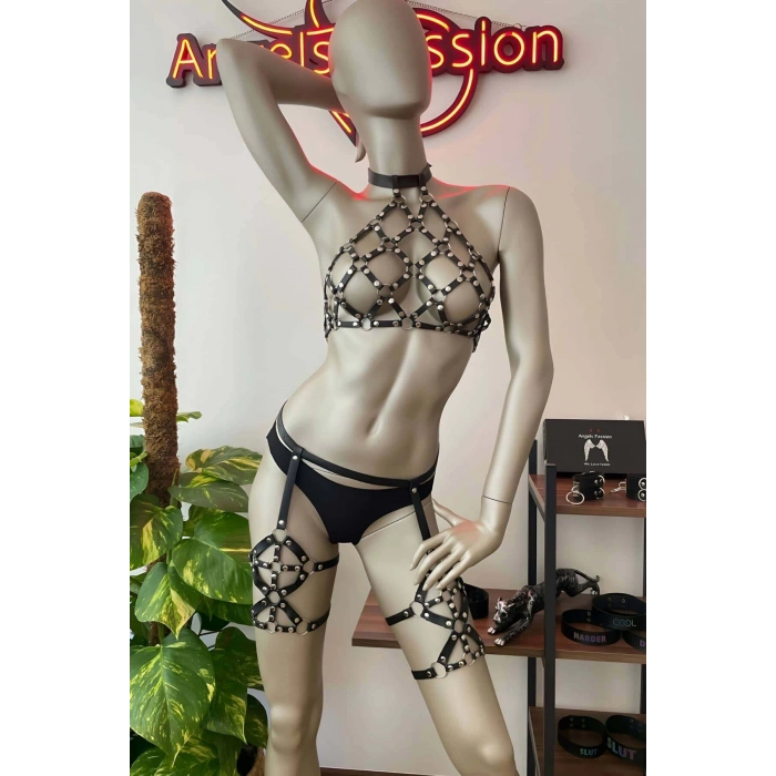 Fantazi Giyim Siyah Deri Jartiyer Takım - APFT460