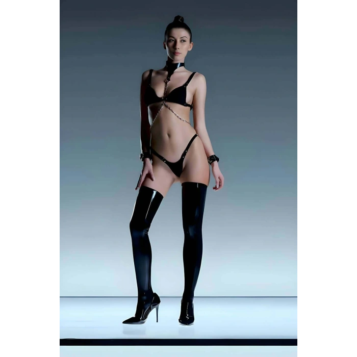 Fantazi Sütyen, Tanga, Zincirli Deri Harness Takımı - APFT1135