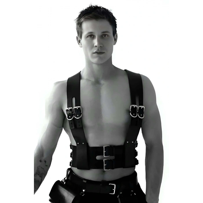 Fantezi Erkek Giyim, Deri Erkek Giyim, Deri Kelepçeli Erkek Harness - APFTM118