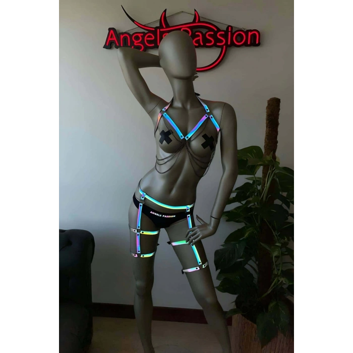 Gece Club Elbiseleri Işıkta Yansıyan Harness Takım - APFT497