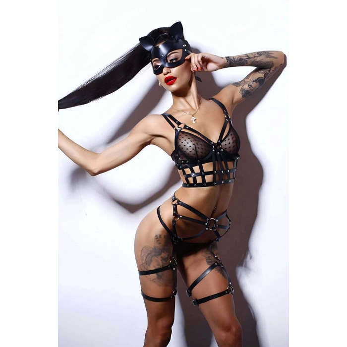 Göğüs Altı Kafes Detaylı Jartiyer Harness Takım - APFT390