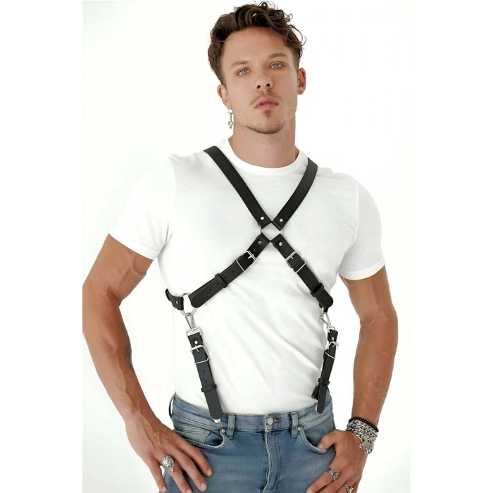 Göğüs Detaylı Arkadan Bağlamalı Erkek Deri Harness - APFTM84