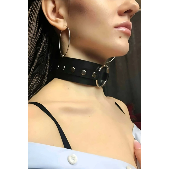 Halka Detaylı Ayarlı Geniş Şerit Şık Deri Choker Boyun Aksesuar - APFT671