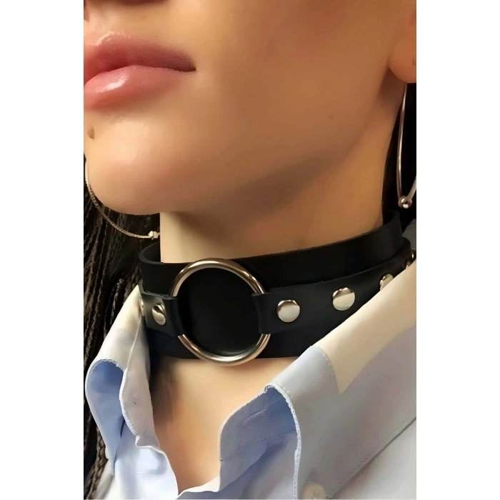 Halka Detaylı Ayarlı Geniş Şerit Şık Deri Choker Boyun Aksesuar - APFT671