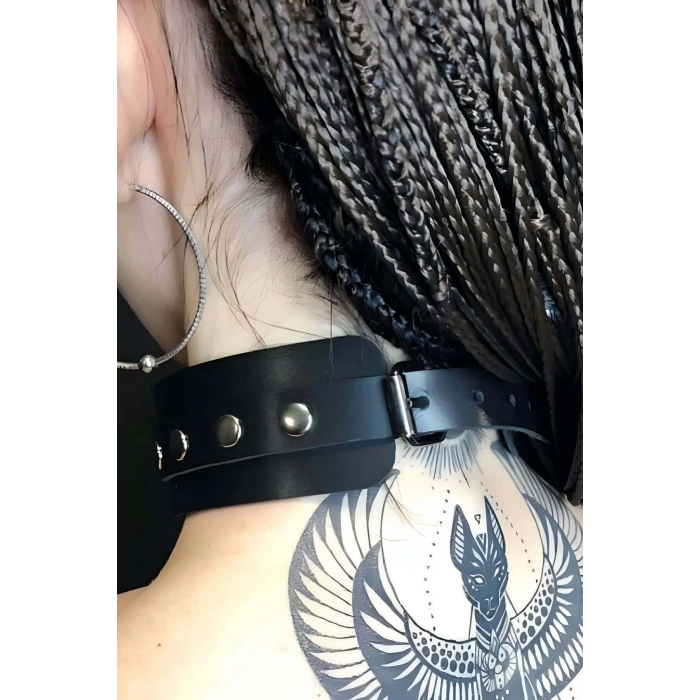 Halka Detaylı Geniş Şerit Ayarlı Şık Deri Choker - APFT671