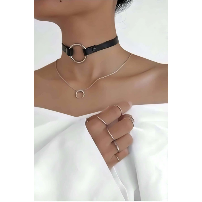 Halka Detaylı Şık Deri Choker - APFT35