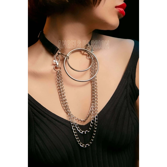 Harness Kolye, Şık Lastik Choker Harness, Halka Detaylı Tasma - APFT592