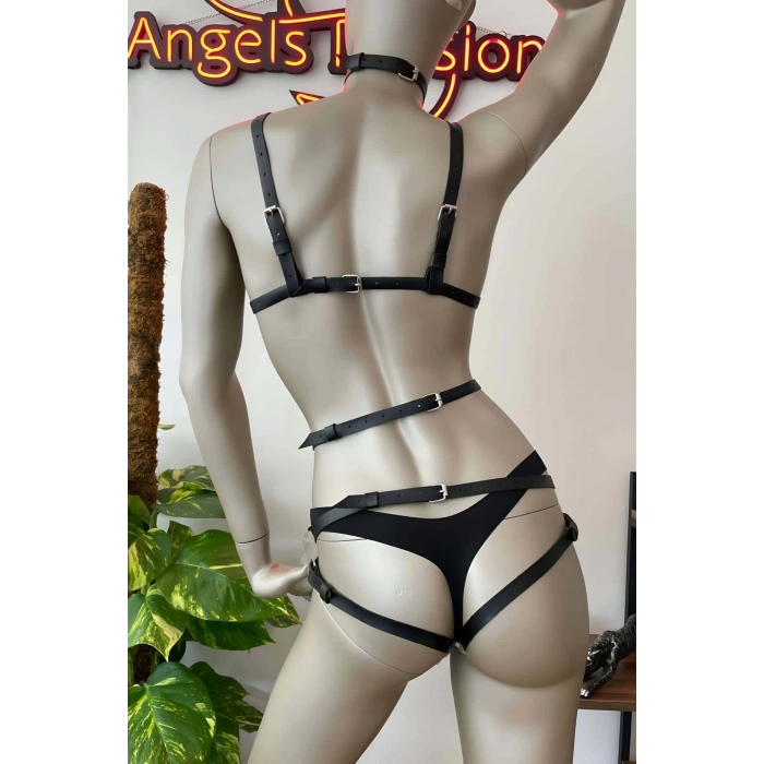 Kalp Detaylı Siyah Deri Jartiyer Harness Sütyen Takım
