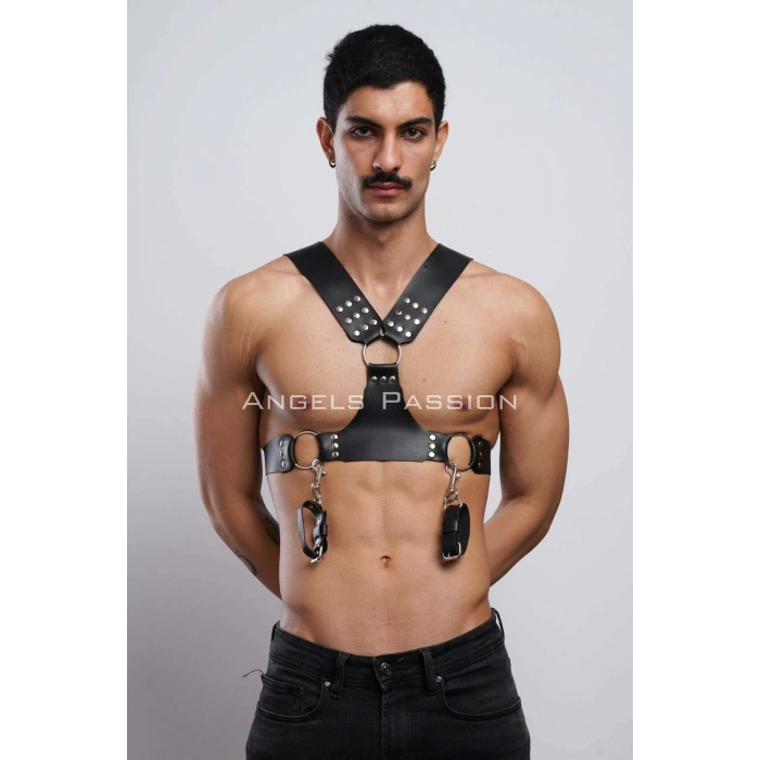 Kelepçeli Erkek Göğüs Harness, Deri Erkek Fantezi Harness, Kelepçeli Erkek Harness - APFTM121