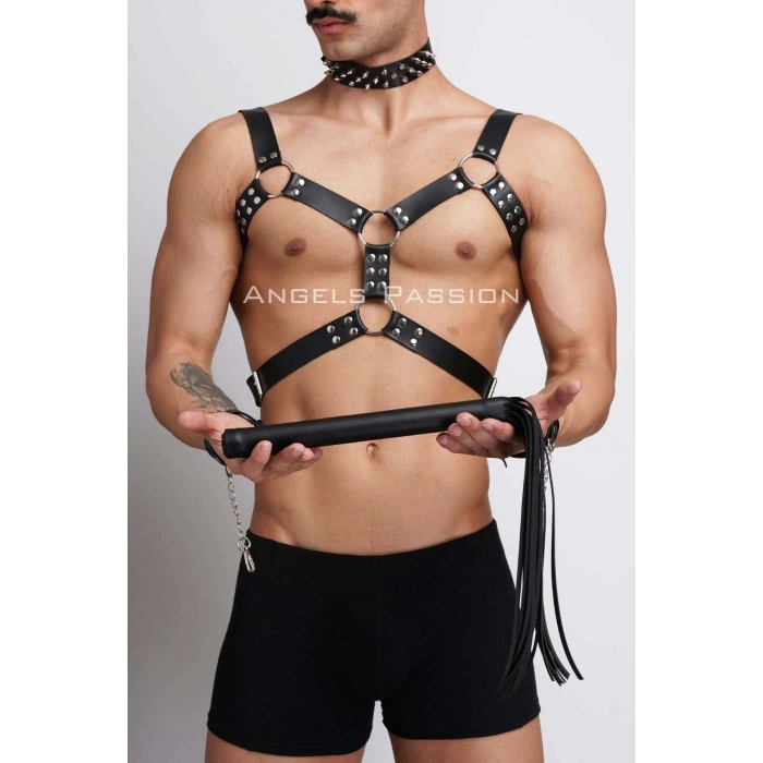 Kırbaç ve Çivili Choker Detaylı Erkek Fantazi Giyim, Deri Erkek Harness Takım - APFTM102