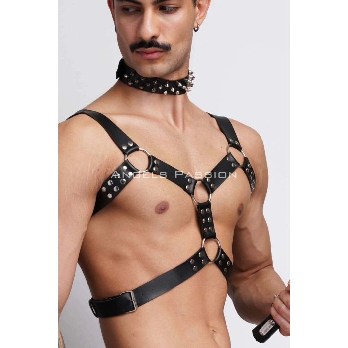 Kırbaç ve Çivili Choker Detaylı Erkek Fantazi Giyim, Deri Erkek Harness Takım - APFTM102