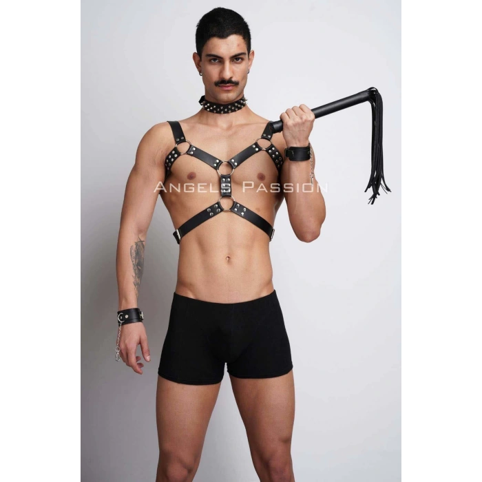 Kırbaç ve Çivili Choker Detaylı Erkek Fantazi Giyim, Deri Erkek Harness Takım - APFTM102
