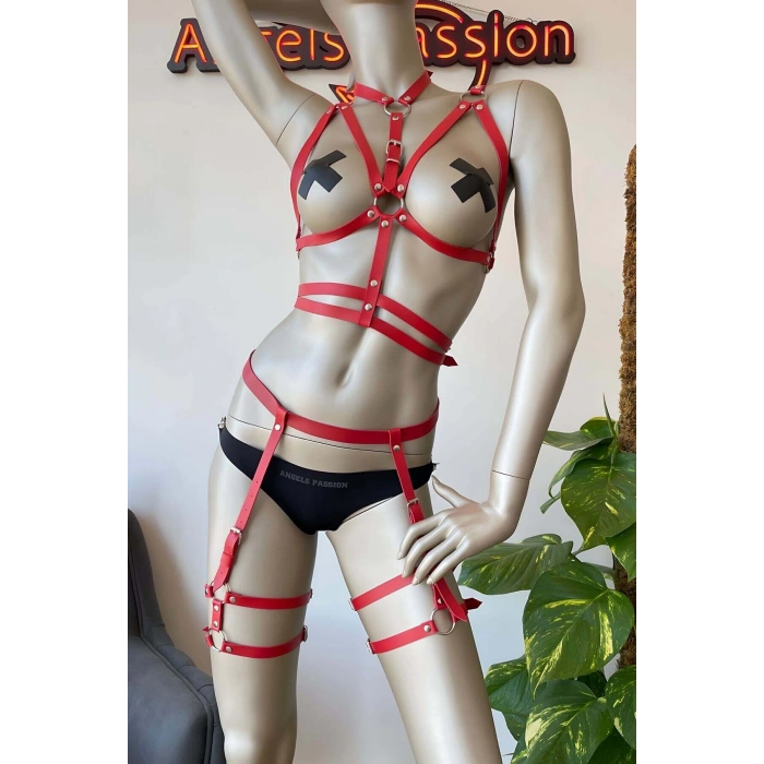 Kırmızı Fantezi Deri Jartiyer Harness Takım