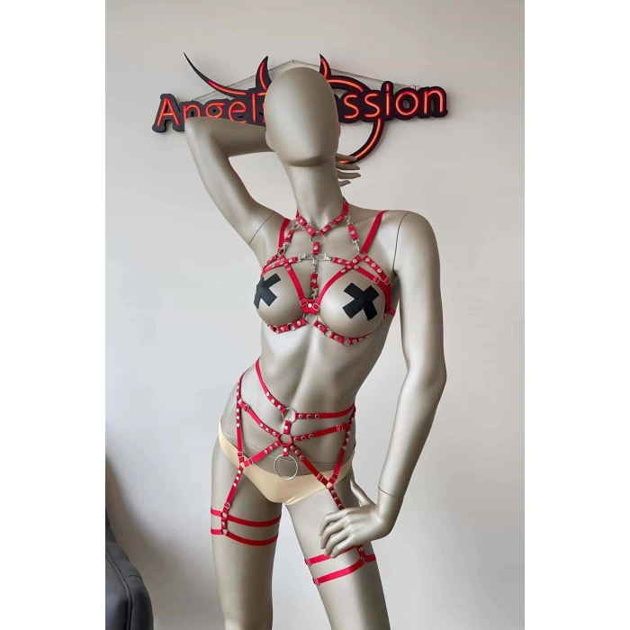 Kırmızı Seksi Elastik Jartiyer Harness Takım