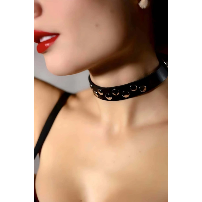 Perçin Detaylı Şık Deri Choker-Tasma - APFT778