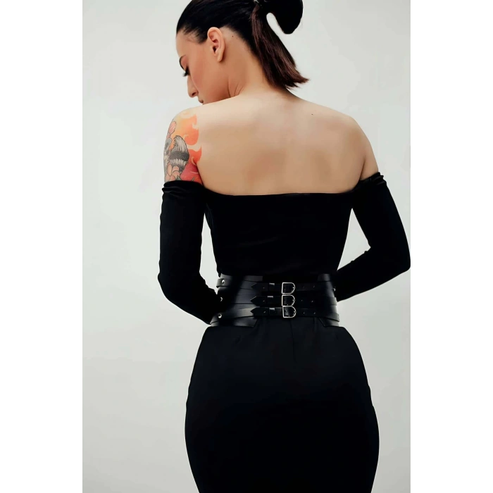 Perçin Detaylı, Şık Elbise Üzeri Deri Korse Kemer, Elbise Kemeri - APFT1087