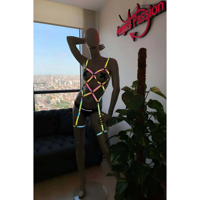 Pole Dans Giyim Işıkla Yansıyan Seksi Harness
