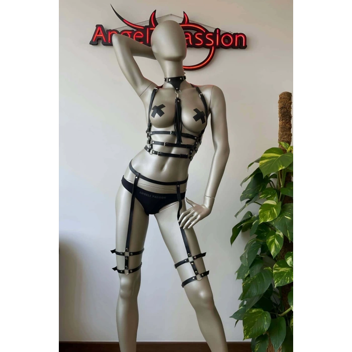 Püskül Choker Detaylı Siyah Deri Jartiyer Harness Takım - APFT302