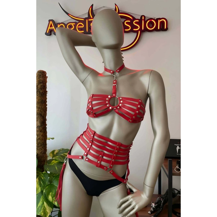 Püskül Detaylı Kırmızı Deri Korse Sütyen Harness Takım