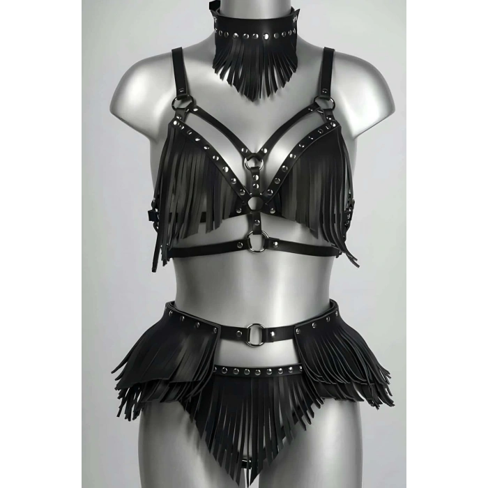 Püskül Detaylı Şık Deri Harness Takım - APFT627