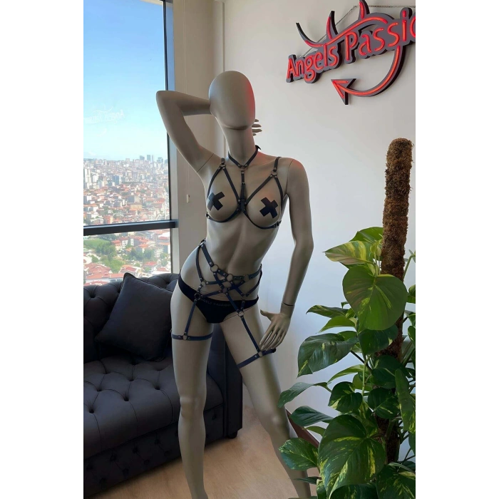Reflektörlü İç Giyim Fantazi Harness Jartiyer Takım