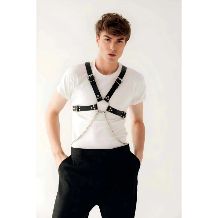 Şık Zincir Detaylı Deri Erkek Göğüs Harness - APFTM95