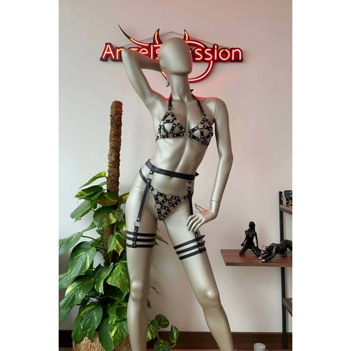 Siyah Deri Bdsm Fantazi Jartiyer Takım - APFT530
